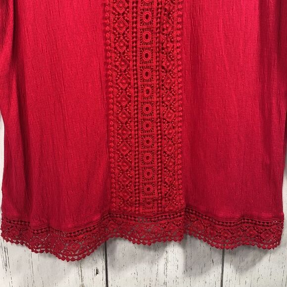 Peter Nygard Red Crochet Embroidered Slit Flared Sleeve Round Neck Blouse - Picture 9 of 16
